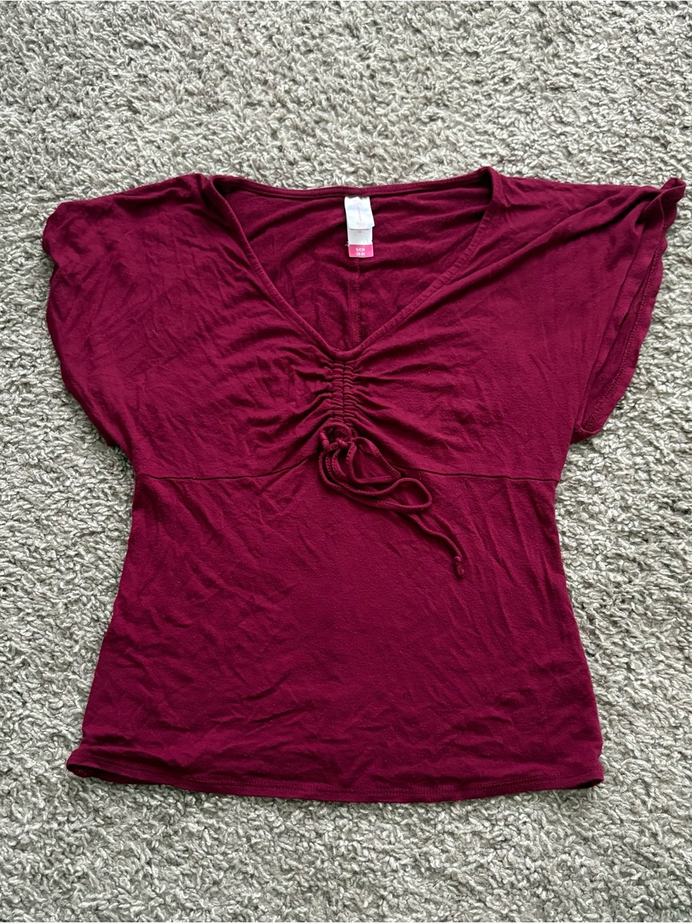No Boundaries Burgundy Short Sleeve Ruched Tie Front Top